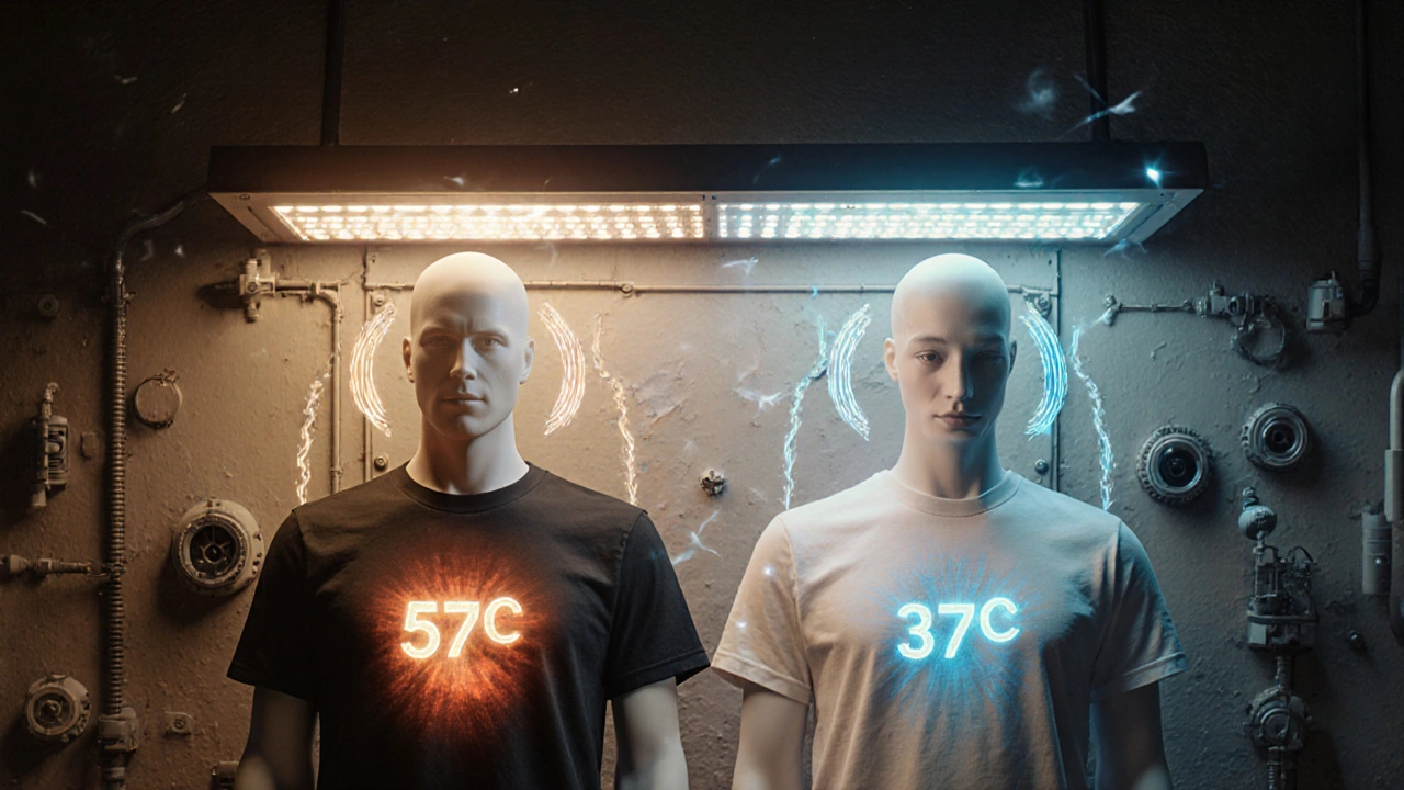 Two mannequins under a heat lamp, one glowing hot in black fabric, the other cool in white fabric.
