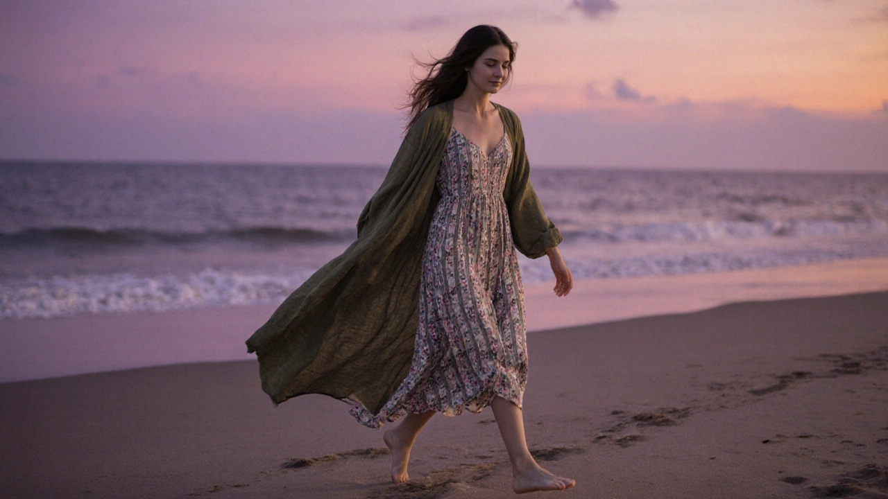 Woman walking on a beach at dusk in a textured floral dress with a linen duster, arms swinging freely.