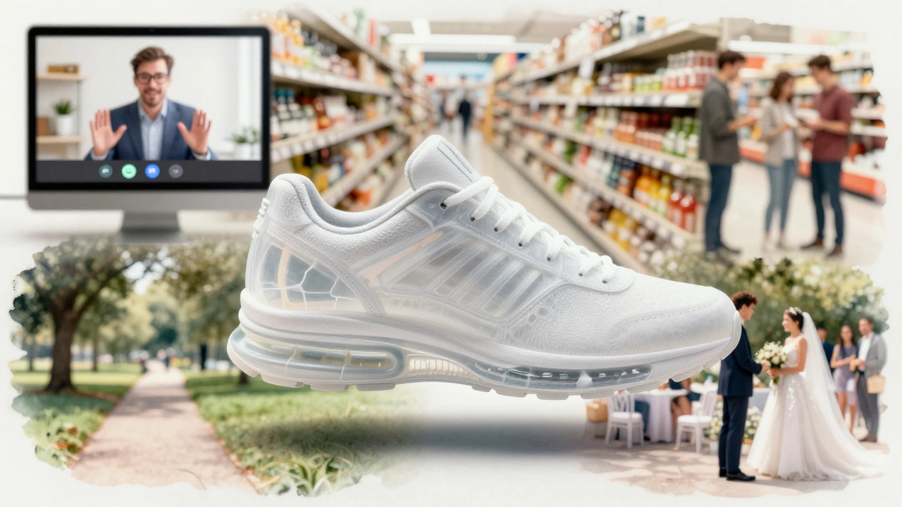 A floating sneaker above scenes of daily life, revealing internal support technology.