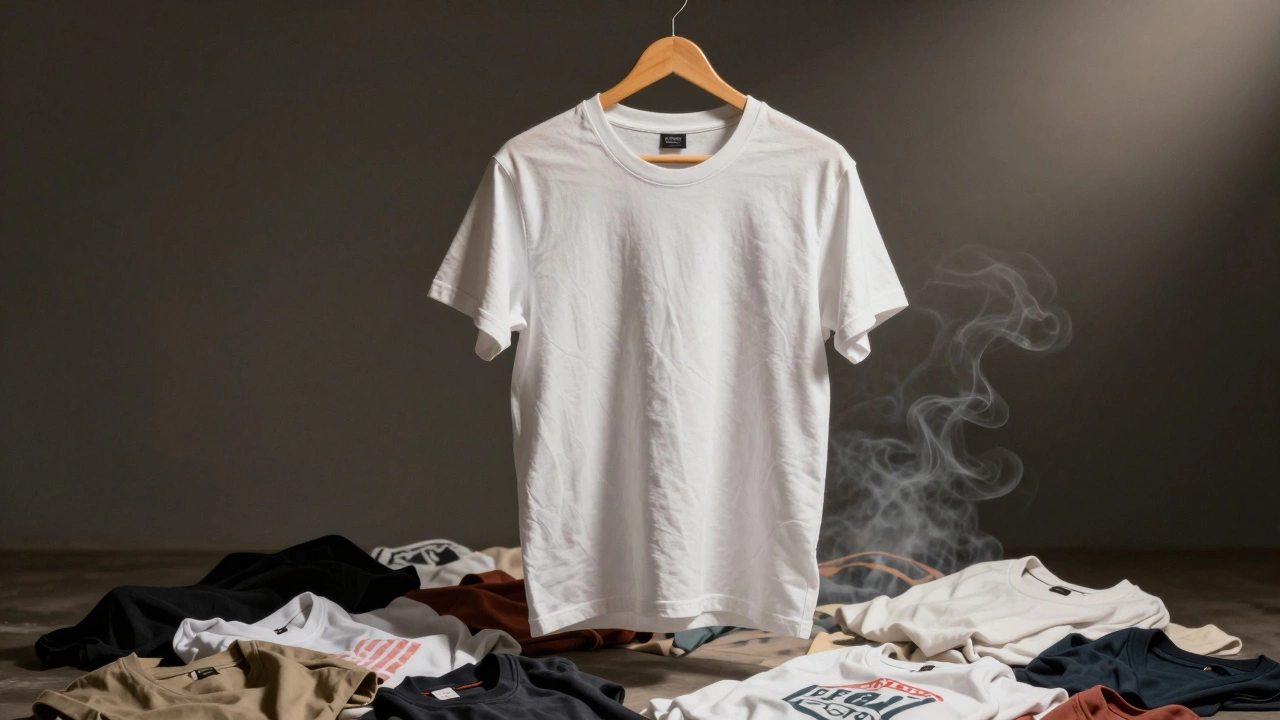 A single high-quality cotton tee hanging above discarded fast-fashion shirts.