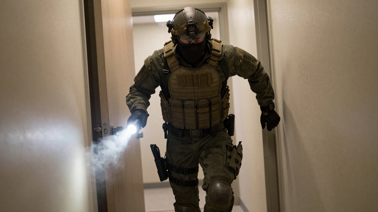 A tactical operator in a SWAT jacket bursting through a door during a high-risk operation.