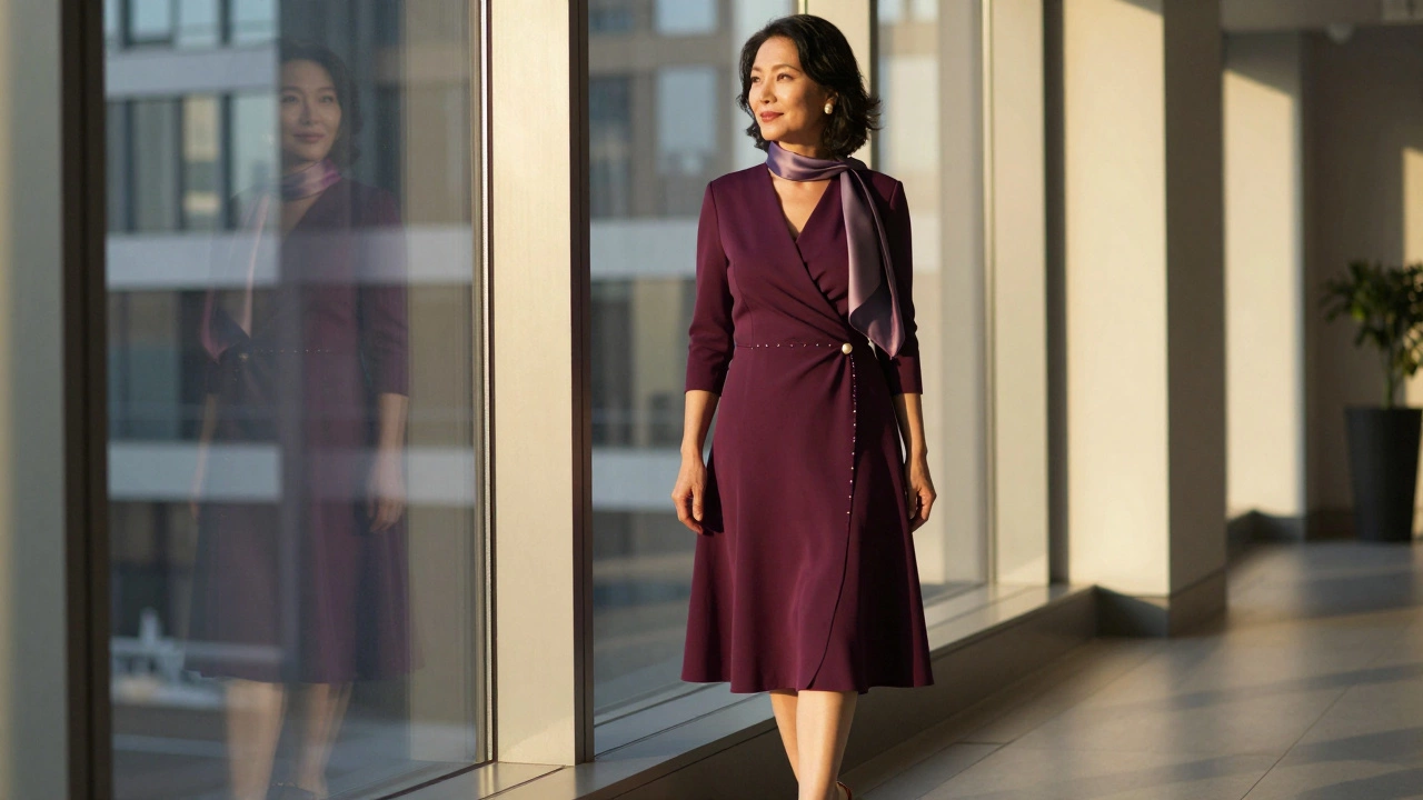 A woman in a plum wrap dress with a silk scarf and pearl studs, bathed in evening light.