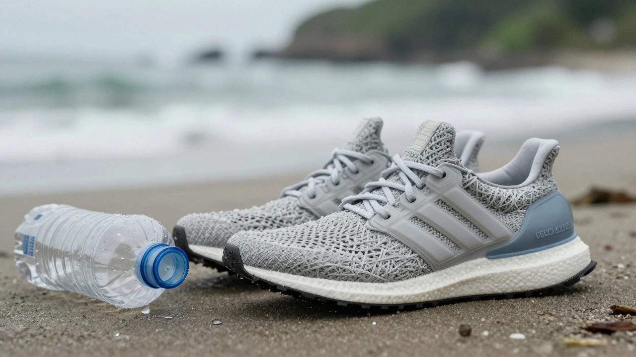 Adidas Ultraboost shoes made from recycled plastic bottles with ocean-inspired background.