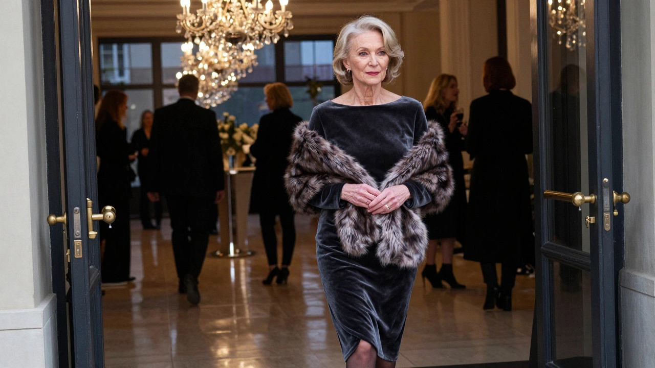 An older woman in a velvet dress and faux fur stole entering a winter cocktail party.