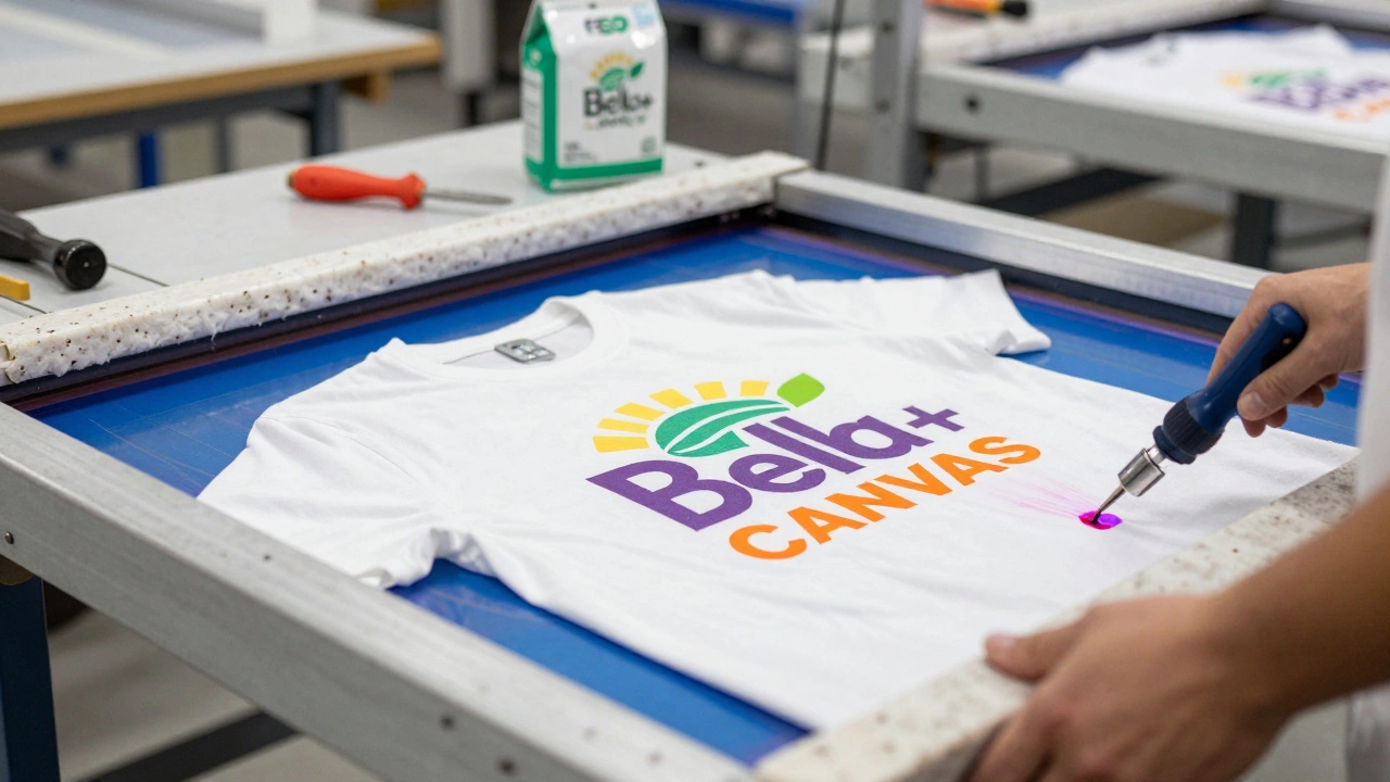 Bella+Canvas T-shirt being screen-printed in a sustainable workshop with recycled materials visible.