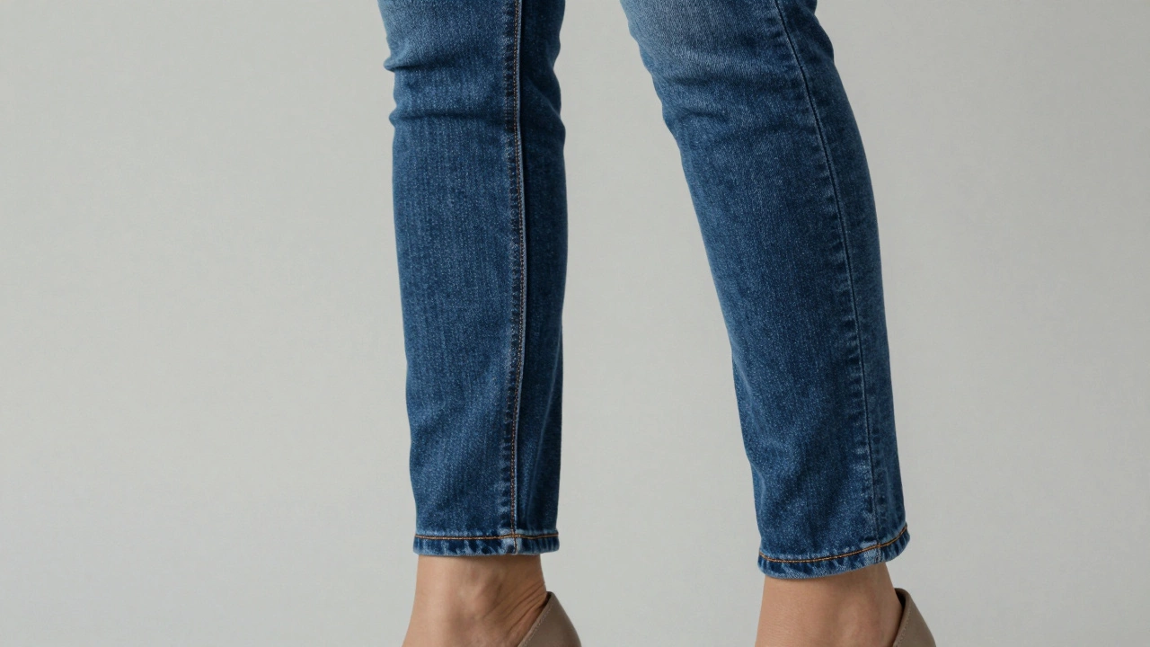 Close-up of stretch denim jeans with a wide waistband and ankle-length hem, no distressing.