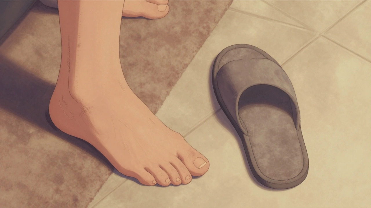 Contrasting footprints on floor showing barefoot pressure vs. cushioned slipper support.