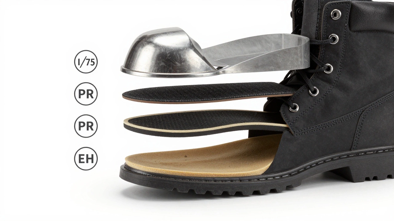 Cross-section of a safety boot showing internal protective layers: toe cap, puncture plate, and insole.