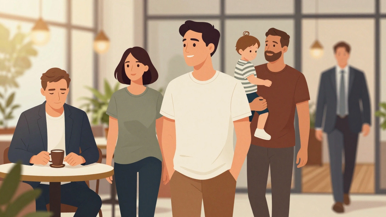 Diverse adults wearing classic crewneck tees in everyday life settings.