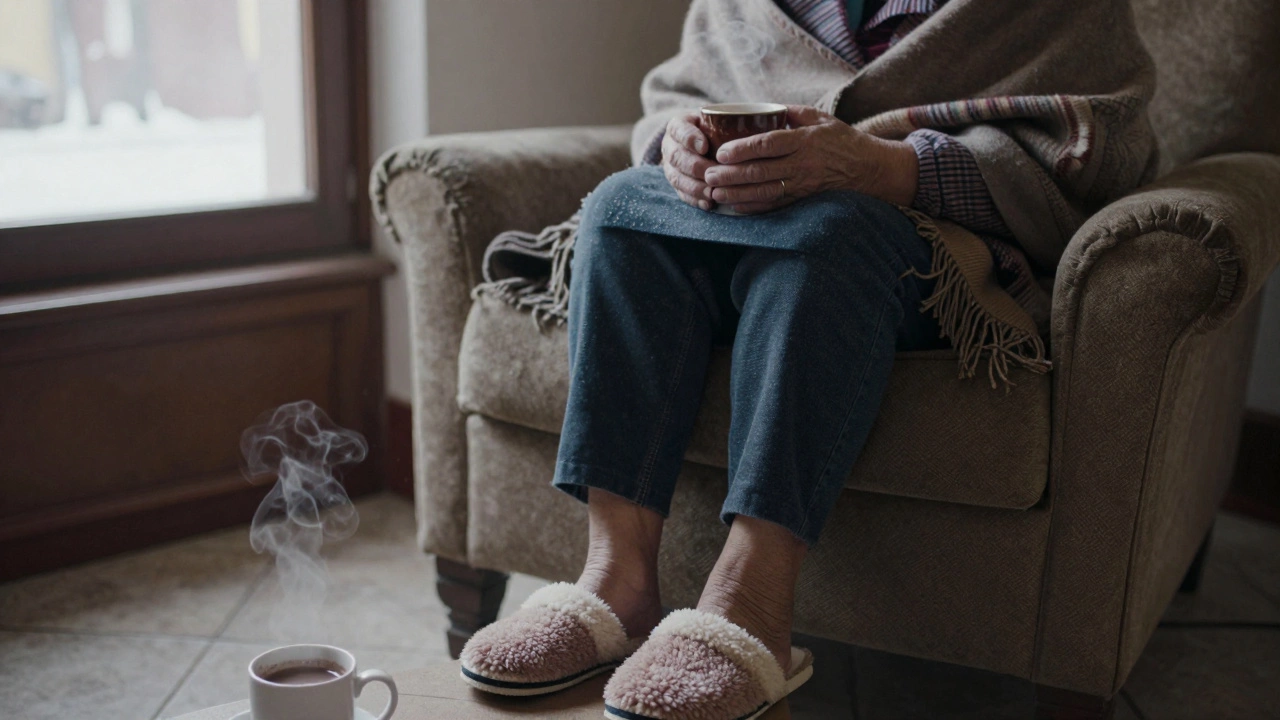 Elderly woman wearing fuzzy slippers by her armchair in a warm, winter-lit room.