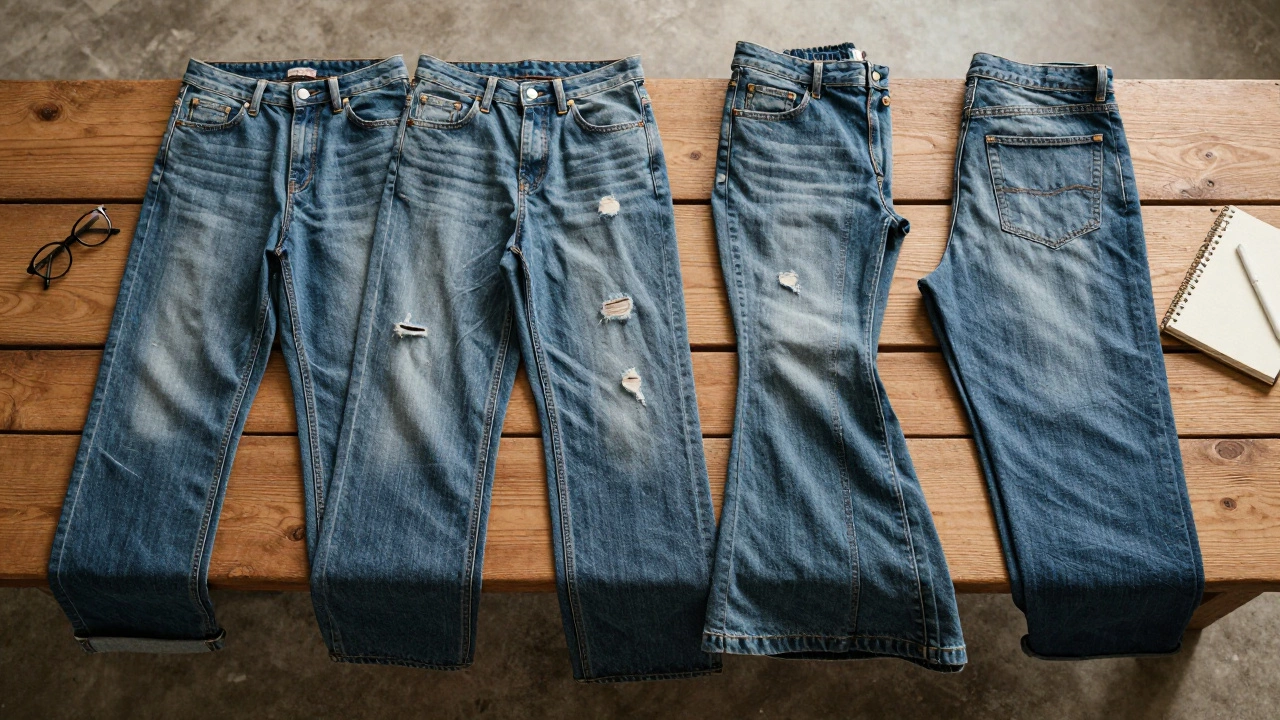 Four stylish denim pants laid out on a wooden bench, each with a different flattering cut.