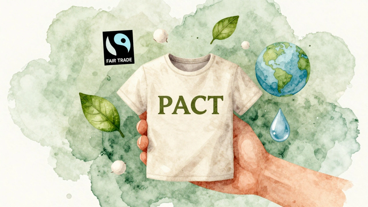 Hand holding an organic cotton T-shirt with eco-symbols floating around it in soft watercolor.