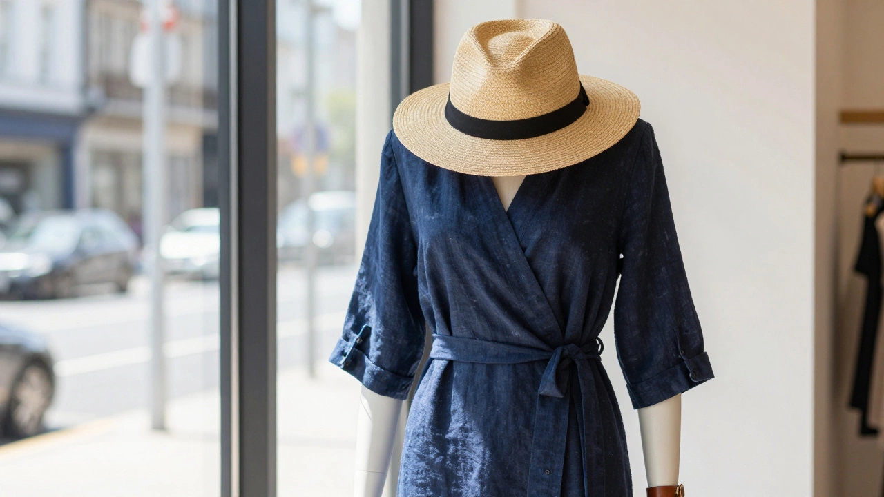 Navy linen wrap dress displayed in a boutique window with a wide-brimmed straw hat and leather cuff, under natural light.