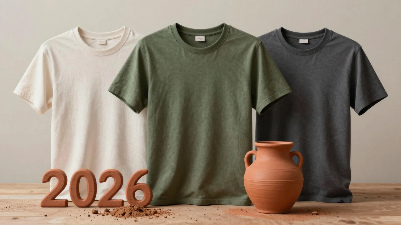 Olive green t-shirt between fading white and gray, with a clay pot and earth nearby.