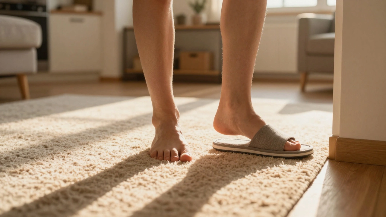 One foot bare on rug, other in supportive slipper, stepping over a transition mat.