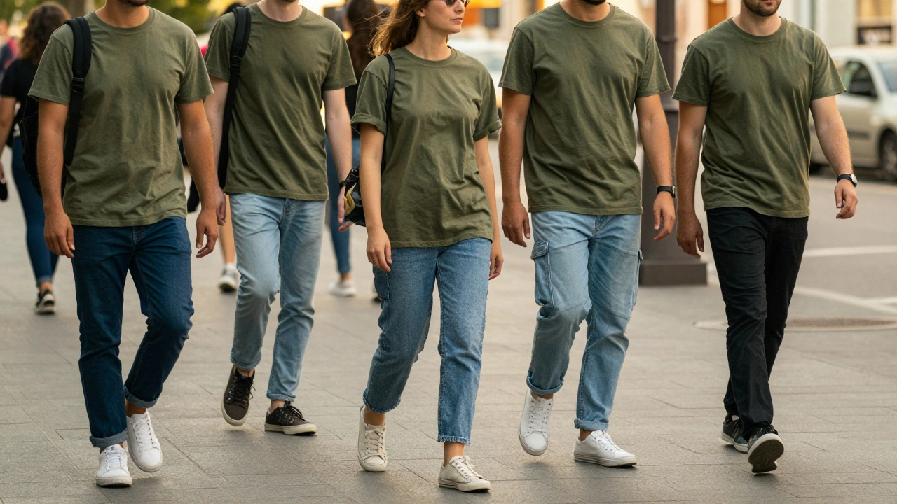 People walking in an urban street, all wearing olive green t-shirts in different styles.