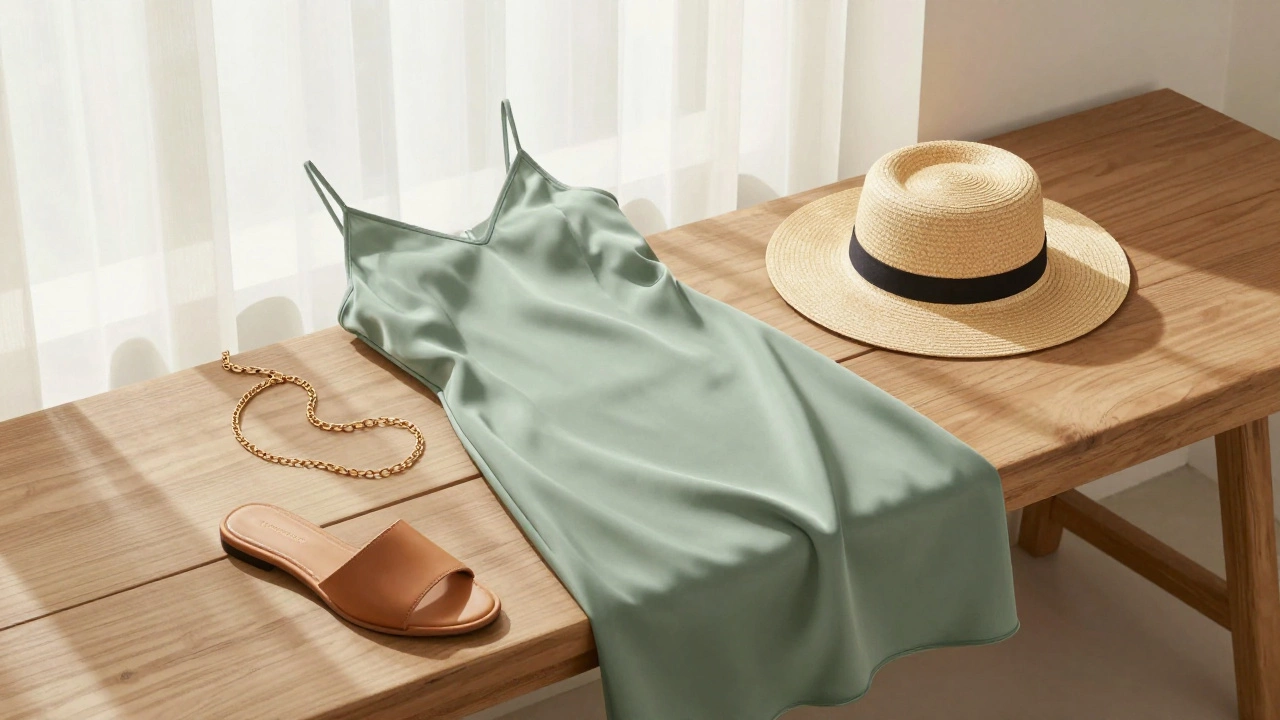 Sage green silk slip dress with leather slides and a straw hat, resting on a wooden bench with minimal accessories.