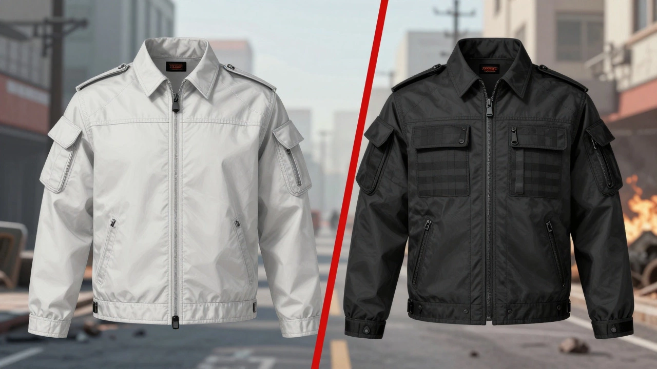 Side-by-side comparison of a civilian tactical jacket and a real SWAT jacket with key differences highlighted.