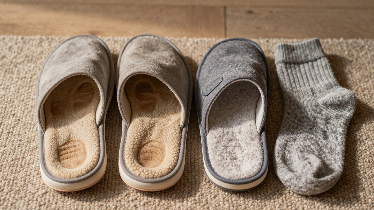 Side-by-side comparison of worn-out and new supportive slippers with wool socks nearby.