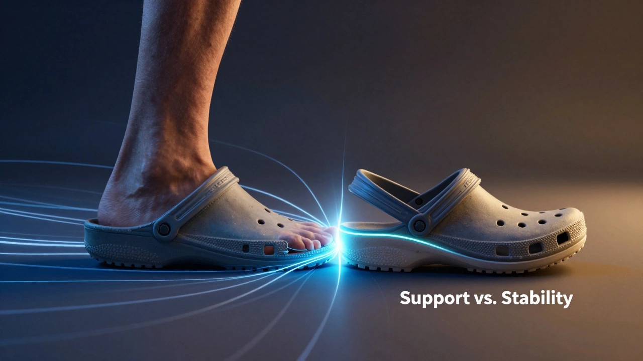 Split image of a foot: one in worn Crocs, one in supportive shoe, with biomechanical lines showing support differences.