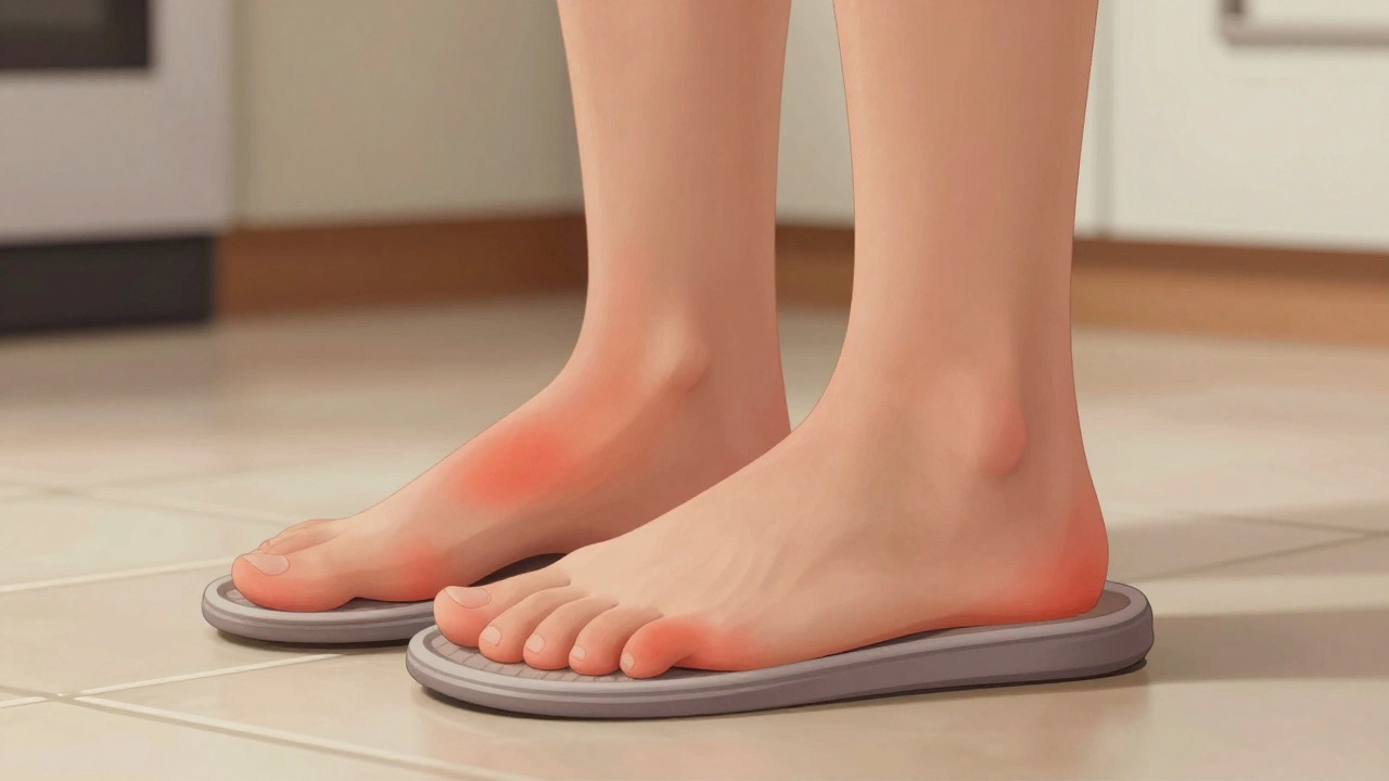 Split-view illustration of a foot in a slipper showing pressure damage versus proper support.