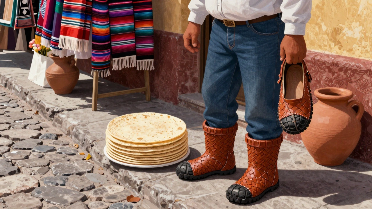 Street vendor in Oaxaca wearing handmade cangrejeras sandals beside tortilla stack.