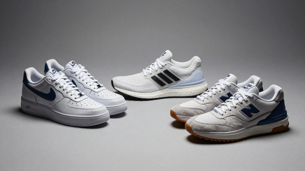 Three iconic sneakers displayed on a neutral surface, highlighting premium materials and minimalist design.