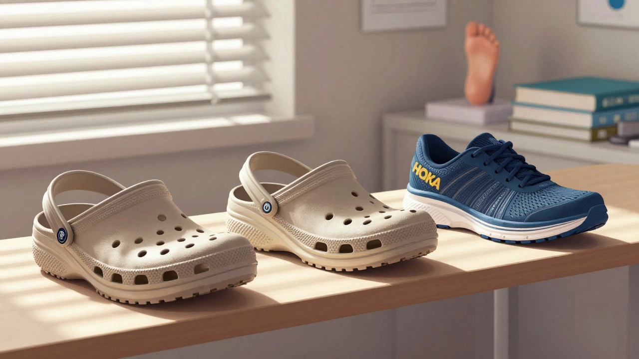 Three types of shoes on a shelf: standard Crocs, medical-grade Crocs Rx, and supportive athletic shoe.
