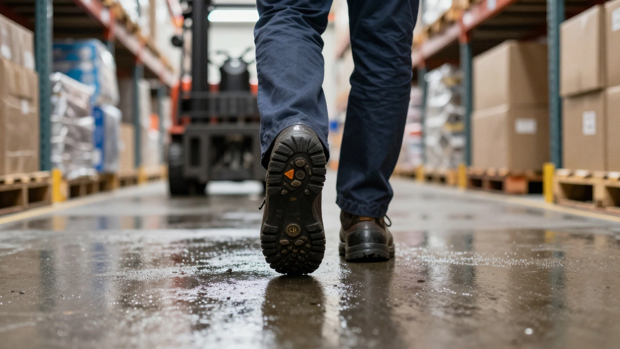 Worker walking on a wet warehouse floor with slip-resistant soles, forklift in background.