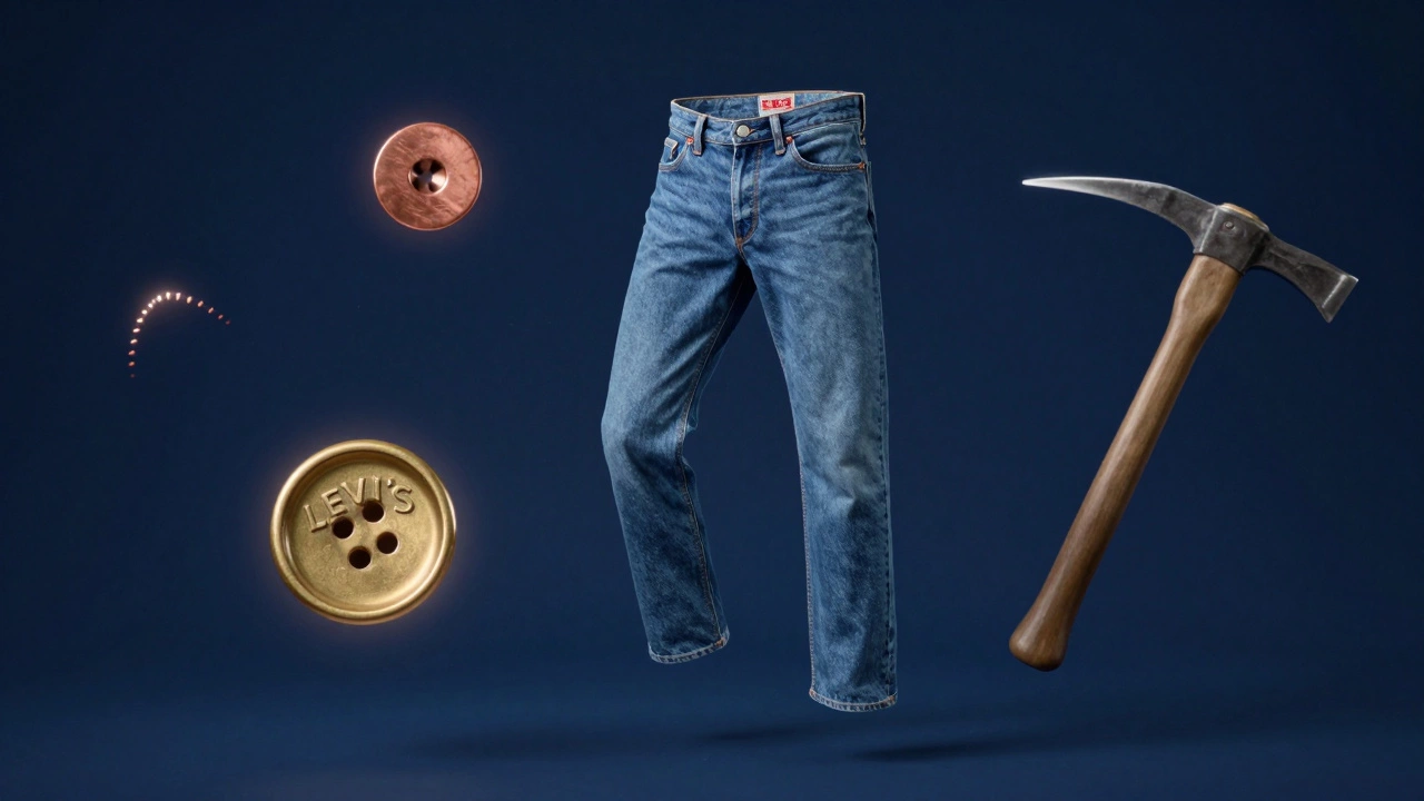 A pair of vintage Levi’s jeans floating with historical symbols like rivets, stitches, and a brass button against indigo background.