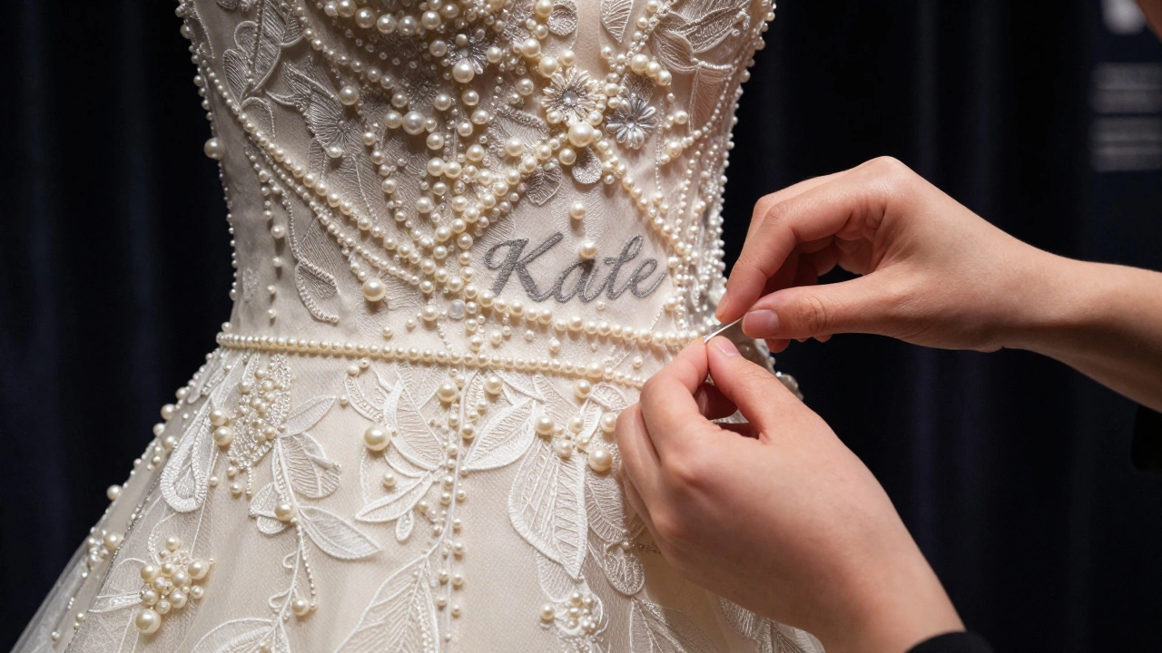 Close-up of hand-embroidered pearls and hidden silver thread on a royal wedding dress.