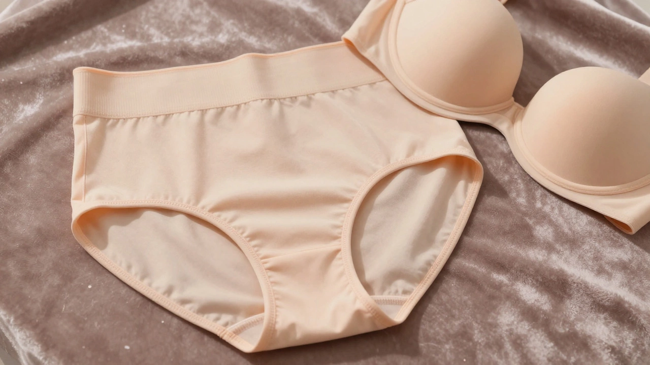 Custom seamless nude shapewear with silicone edges and cotton gusset, laid out on velvet, no branding visible.