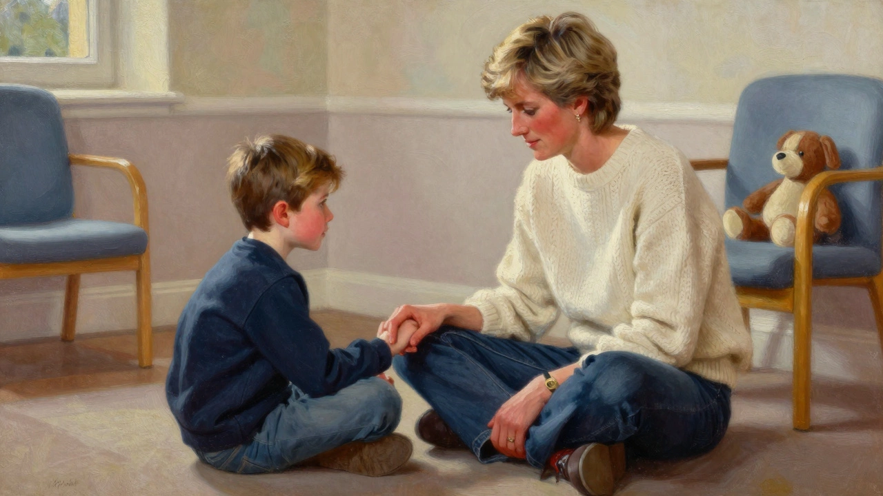 Diana sitting on the floor with a boy in a hospice, holding his hand in denim and sweater.