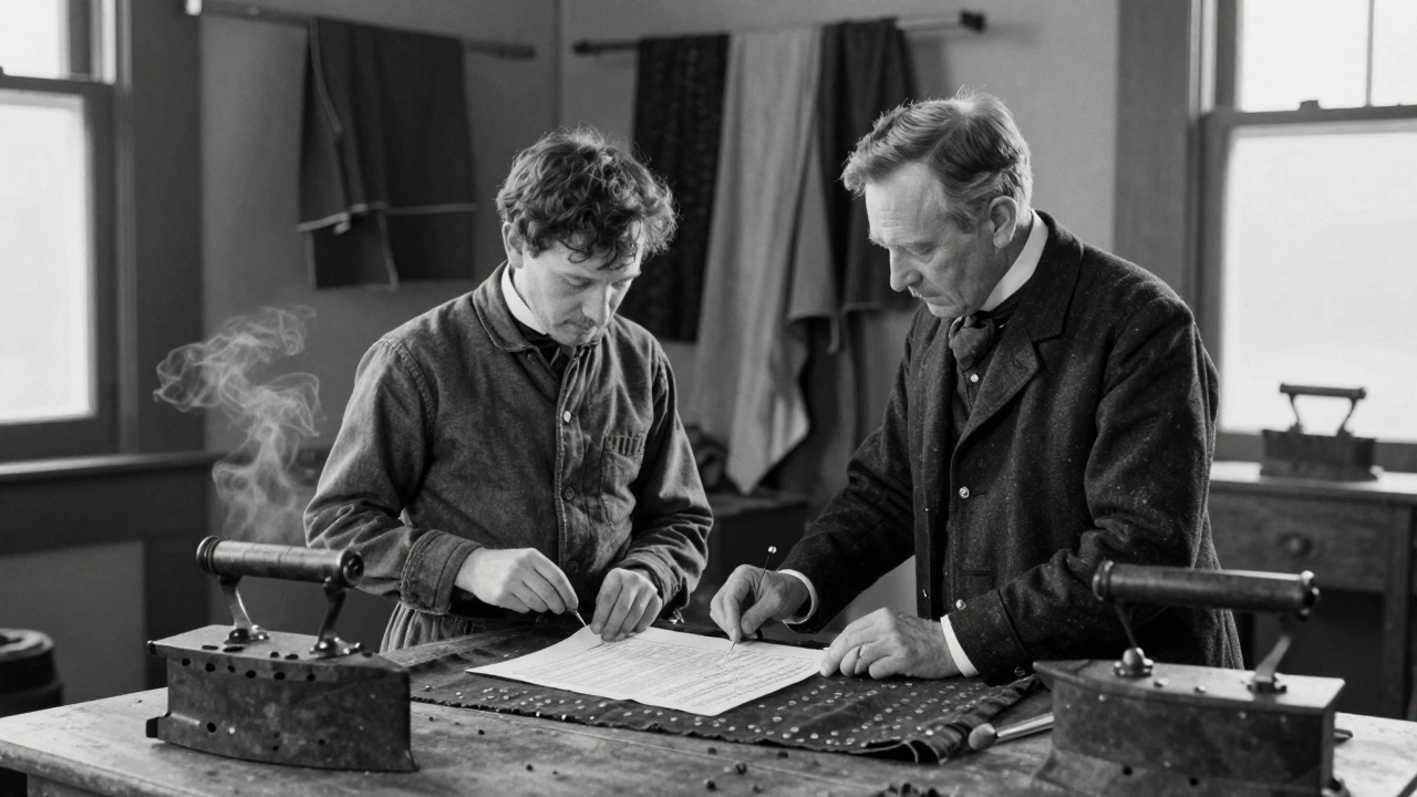 Jacob Davis and Levi Strauss in a 19th-century workshop examining a patent with denim fabric and sewing tools.