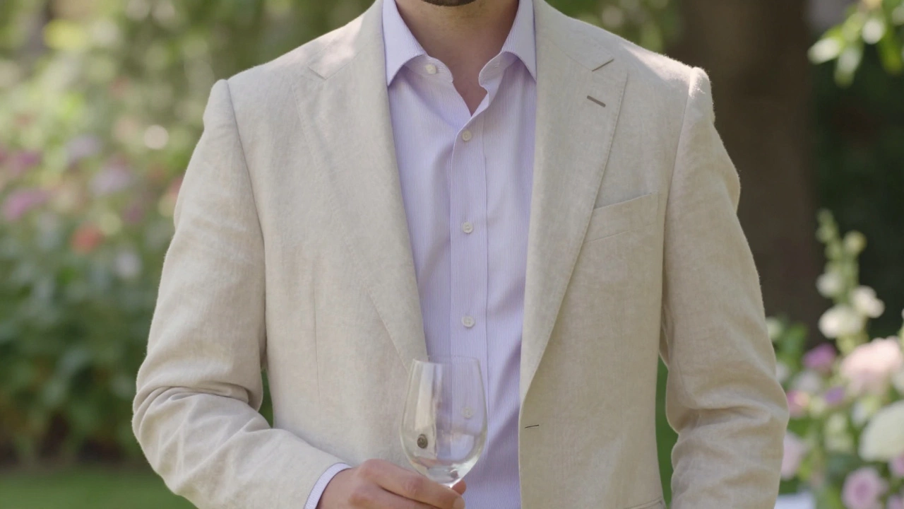 Man in beige suit with pale lavender shirt, outdoors at summer wedding.