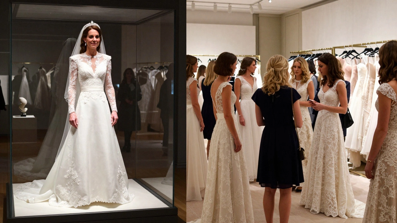 Original royal wedding dress in storage next to modern copies in a boutique.