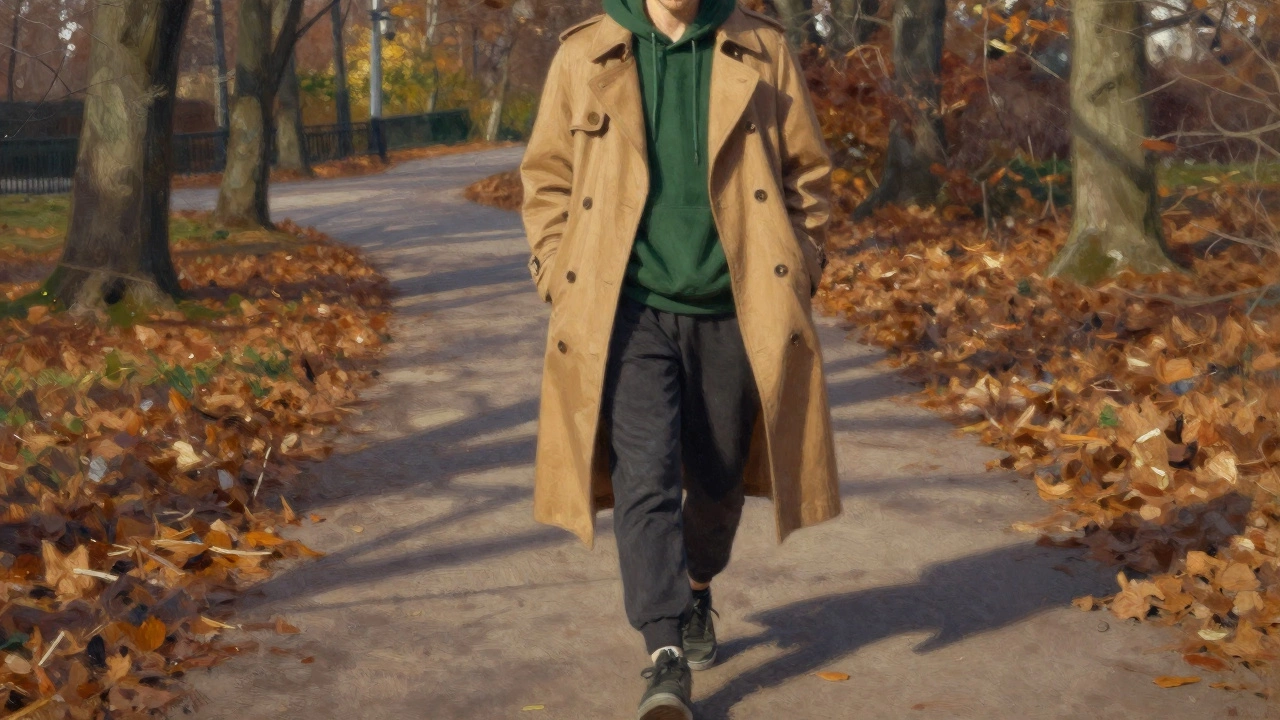 Person in camel trench coat walking through autumn leaves in park.