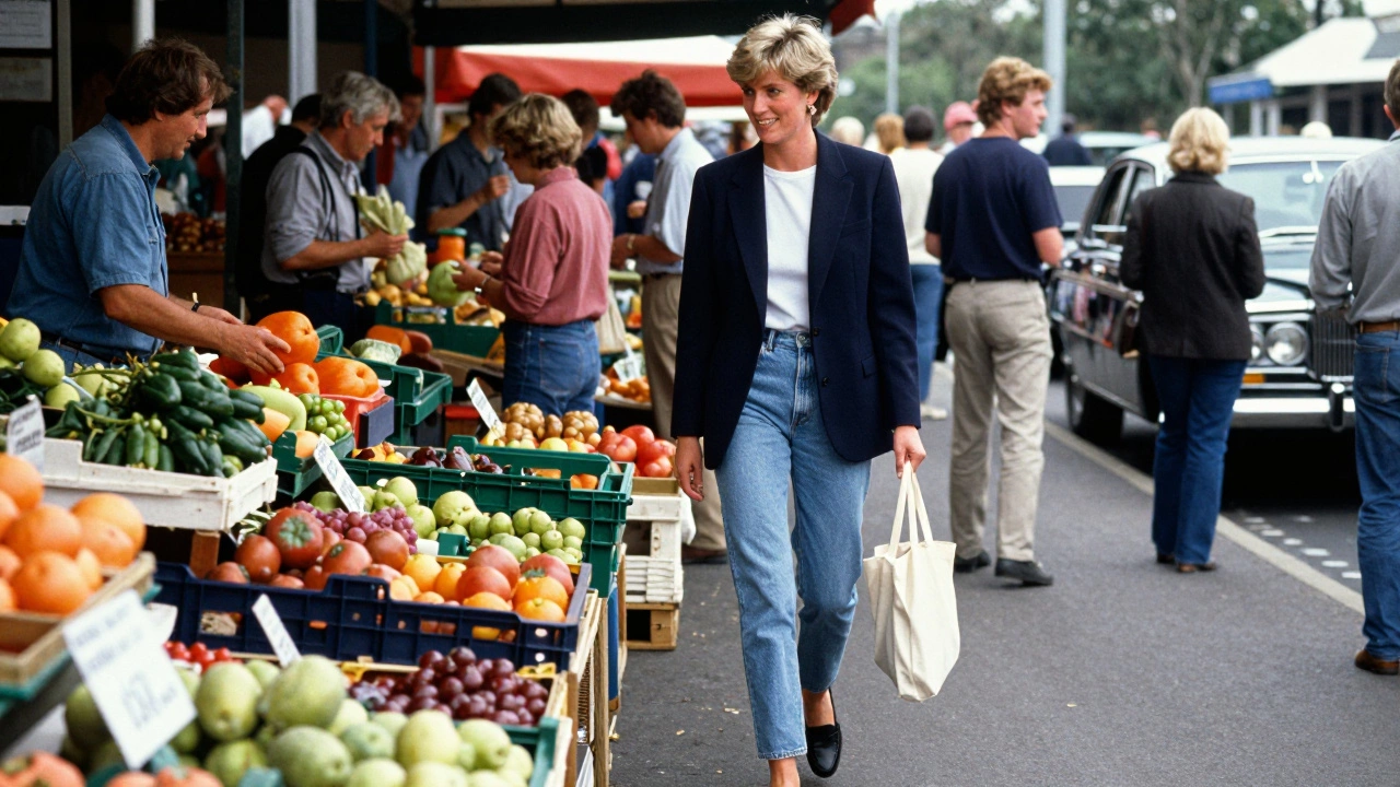 Princess Diana walking through a market in Australia, wearing jeans and a navy blazer.