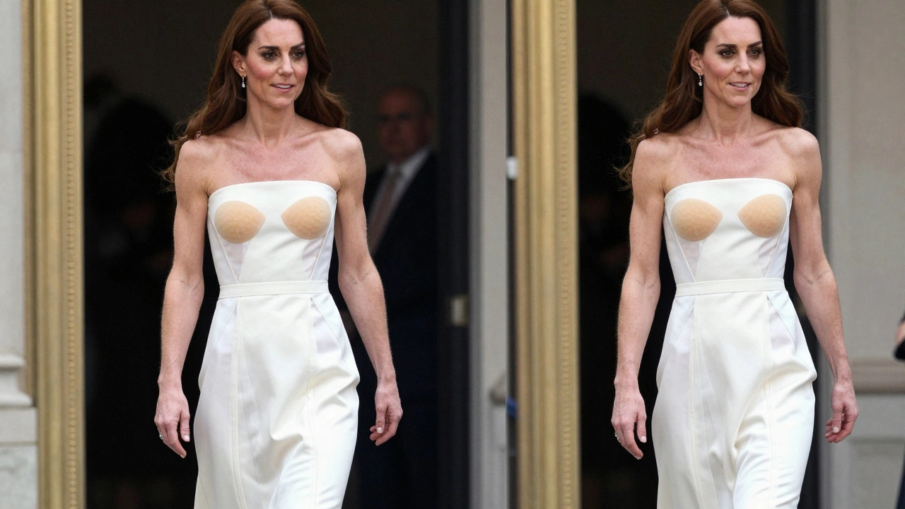 Transparent overlay reveals hidden support garments beneath a strapless gown, while the dress appears flawless.