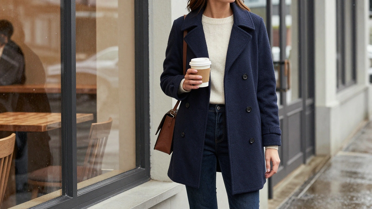Woman in navy pea coat standing by rainy coffee shop window.