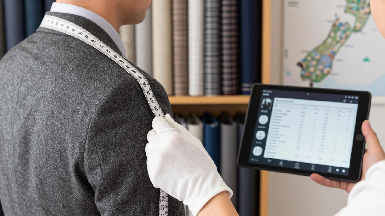 A tailor measuring a client's shoulder and armhole for a custom online suit order.