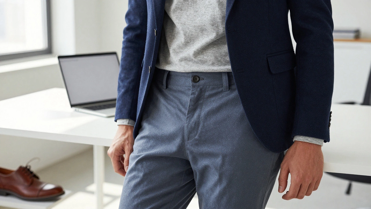 Business casual outfit with grey t-shirt, chinos, blazer, and brown shoes in modern office.