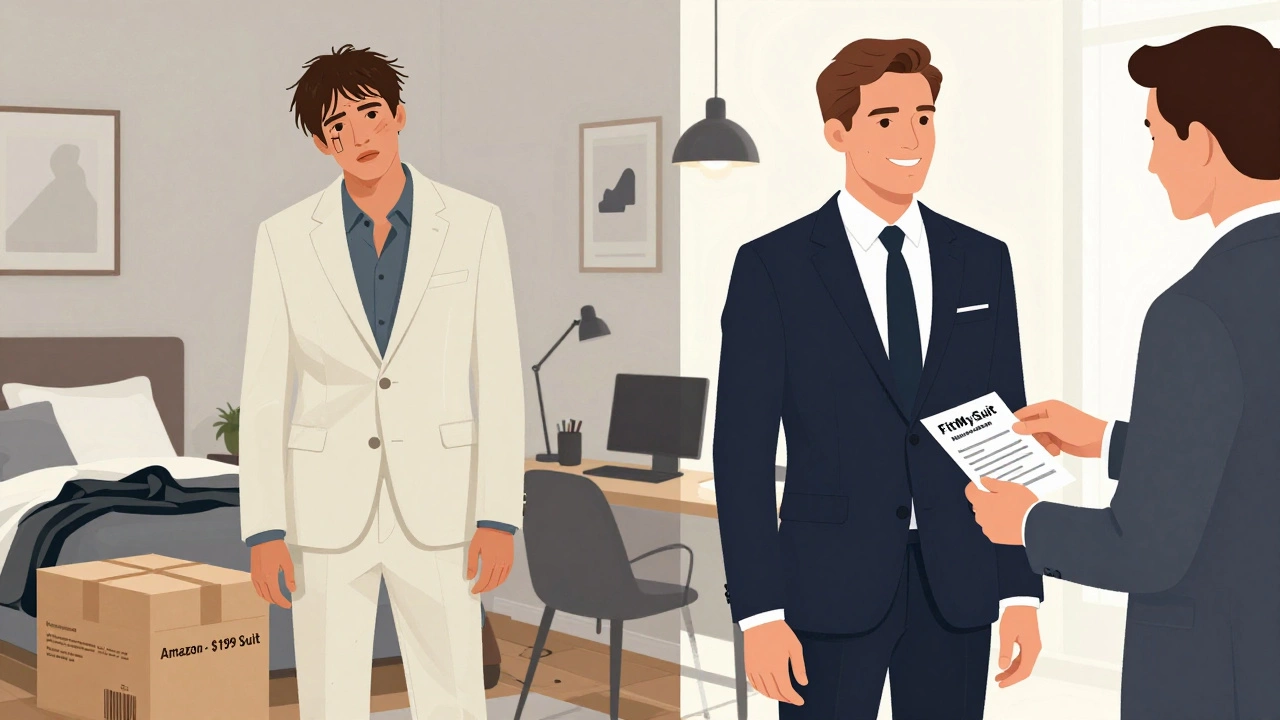Comparison of a poorly fitting cheap suit versus a custom-tailored suit with alteration label.