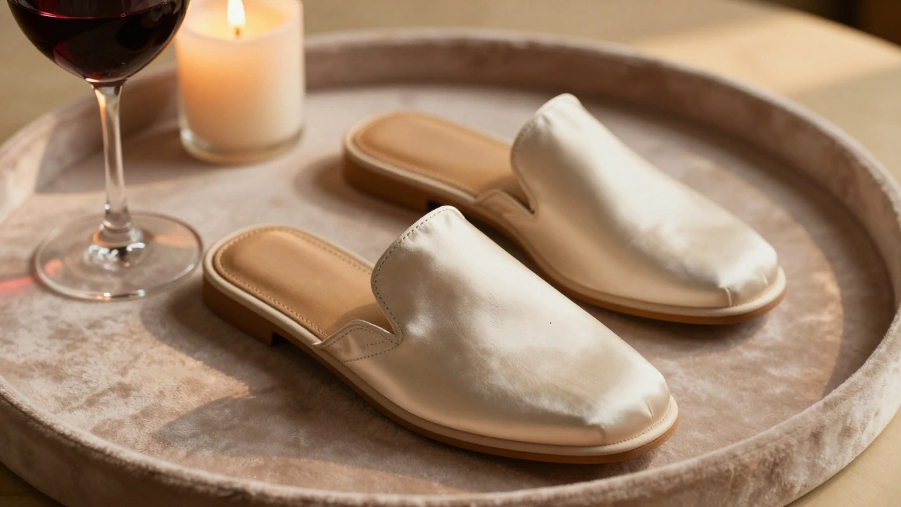 Luxurious lambskin slip-ons on velvet with a single scuff, evoking refined but delicate beauty.