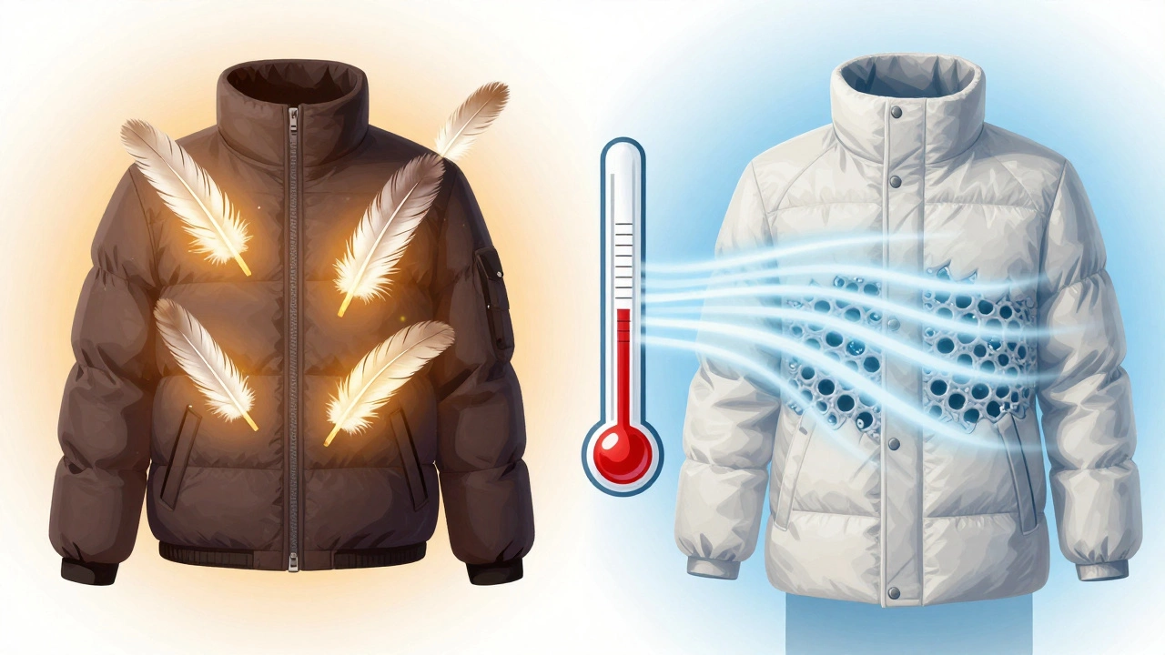 Side-by-side visual comparison of down jacket insulation trapping warmth versus a thin coat letting wind pass through.
