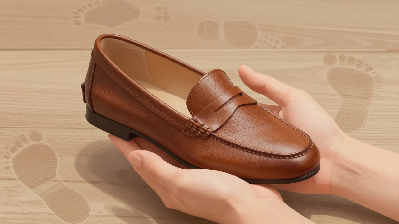 Sleek goatskin loafer in soft light, highlighting supple texture and natural grain.