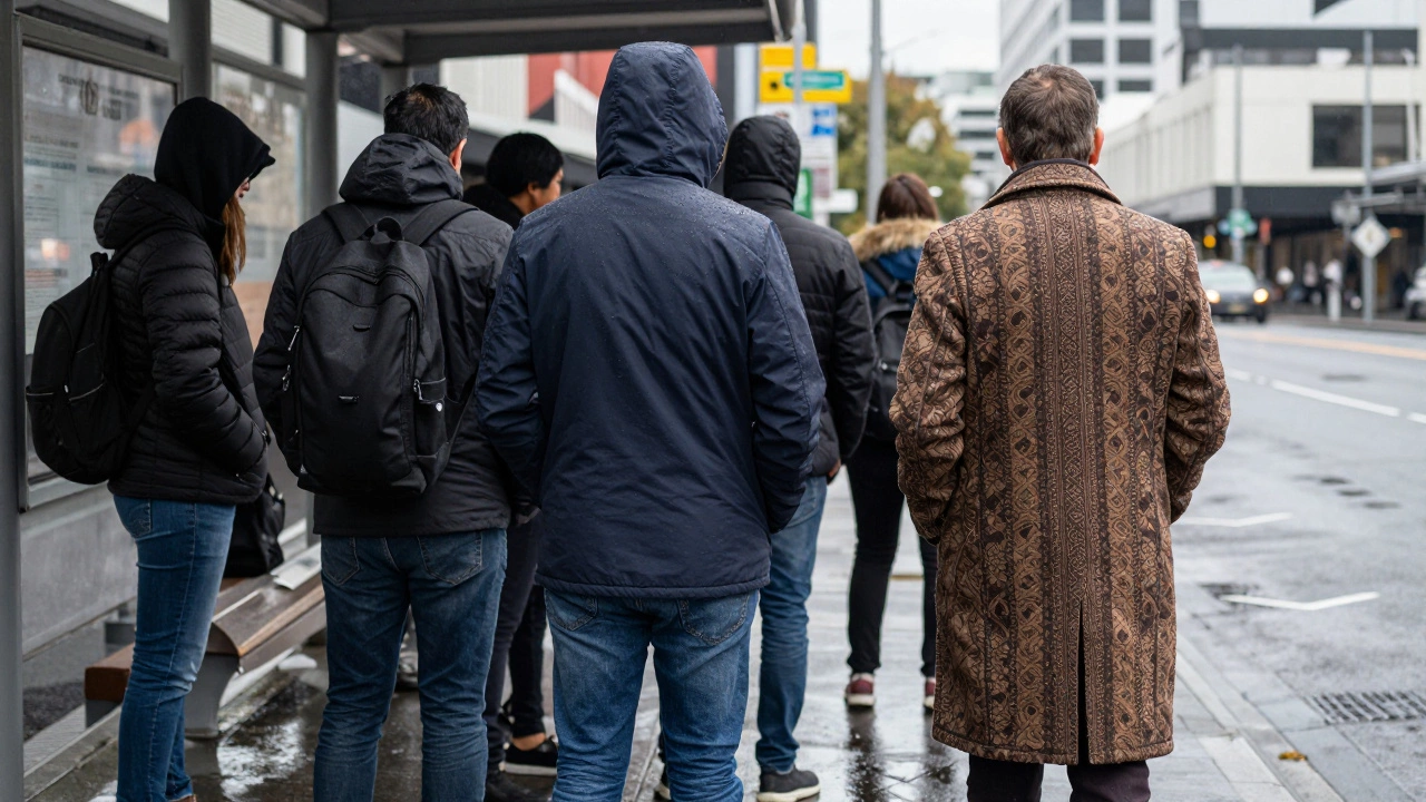 Urban commuters in insulated jackets at a bus stop, one tourist in a long wool coat standing out in rainy weather.
