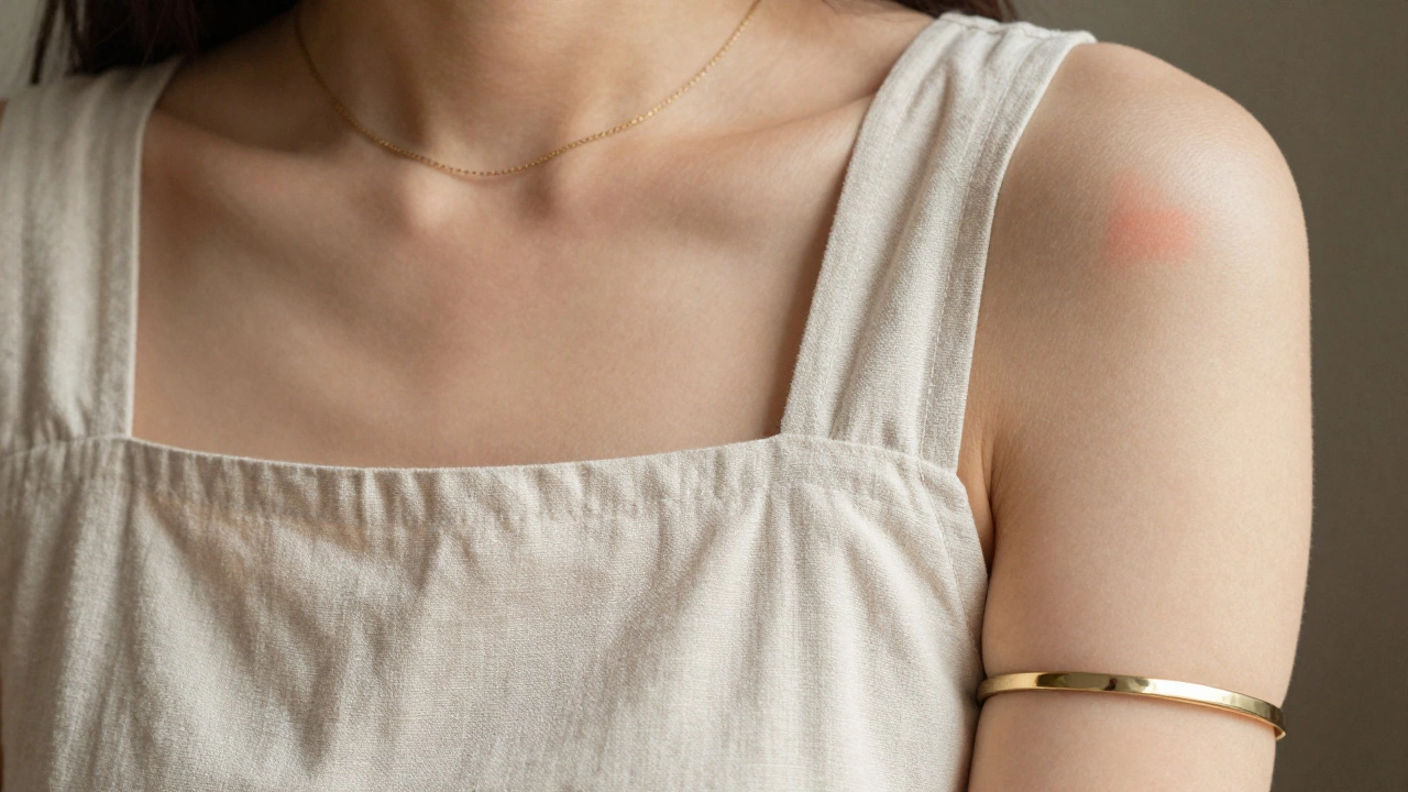 Close-up of glowing cheekbone, metallic wrist cuff, and delicate chain necklace on summer dress.