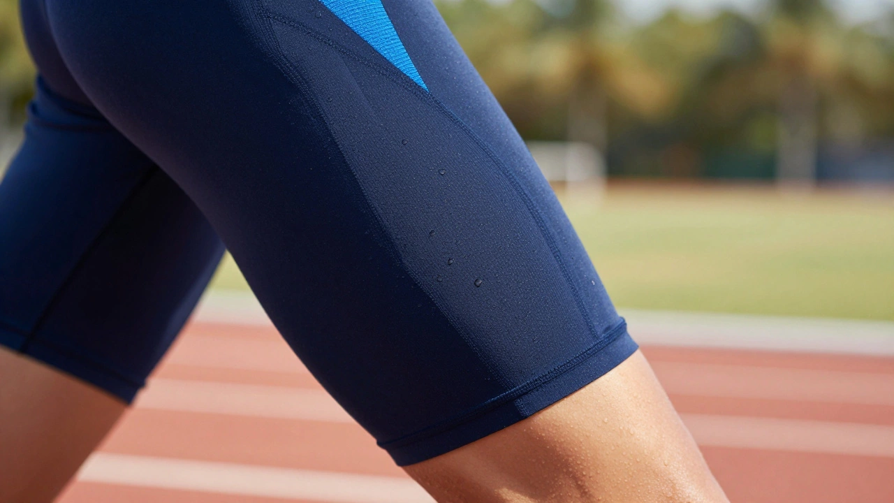 Close-up of runner's leg showing technical fabric and sweat wicking