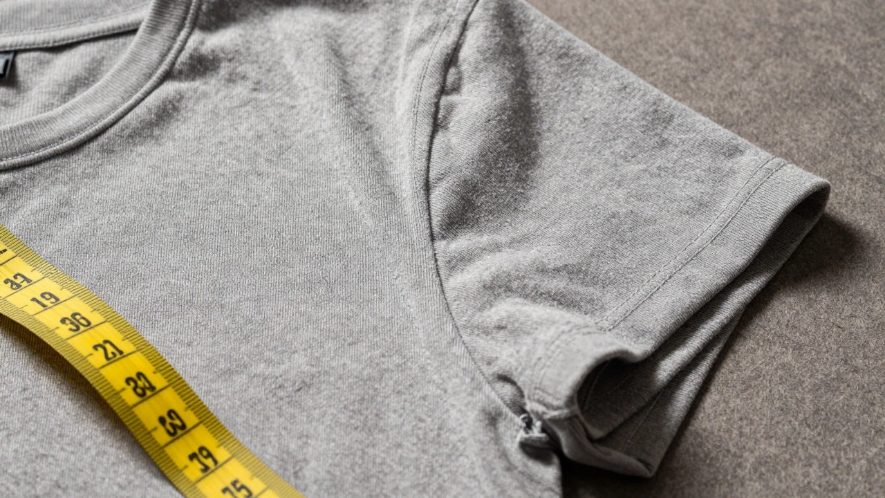 Close-up of t-shirt shoulder seam with measuring tape